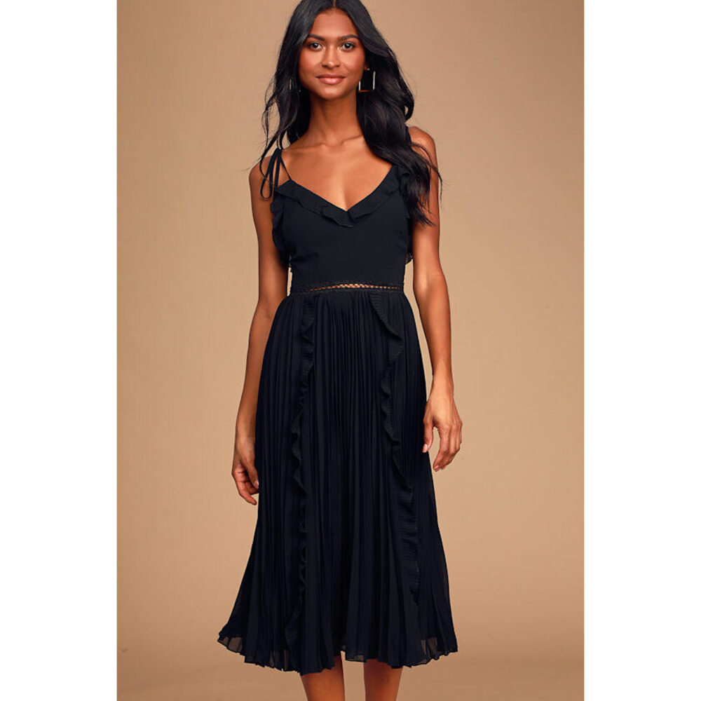 Lulus Never A Dull Moment Black Tie-strap Pleated Midi Dress - Size M